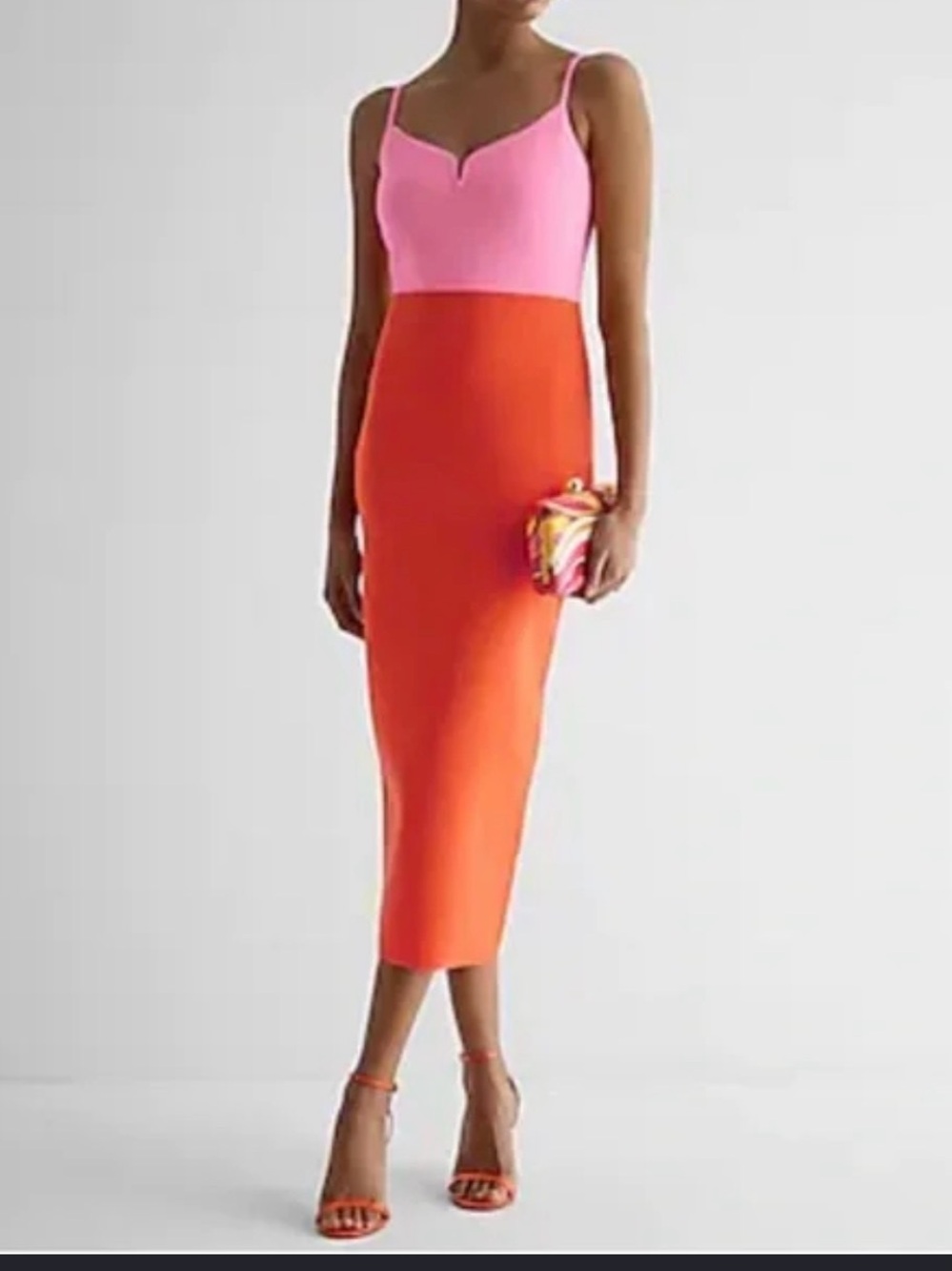 Express Pink and Orange Spaghetti Strap Colorblock Midi Dress